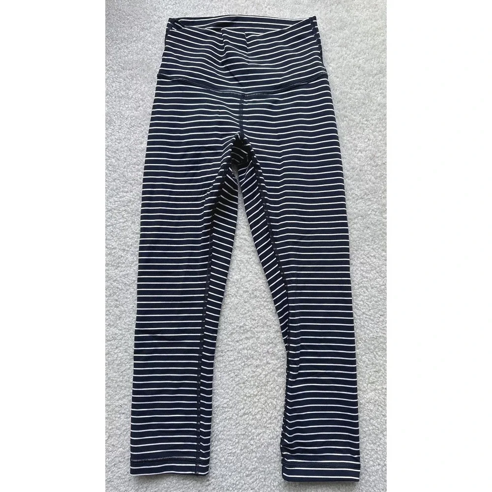 Lululemon Wunder Under Crop Leggings Pants 4 Black White Stripe High Rise 21